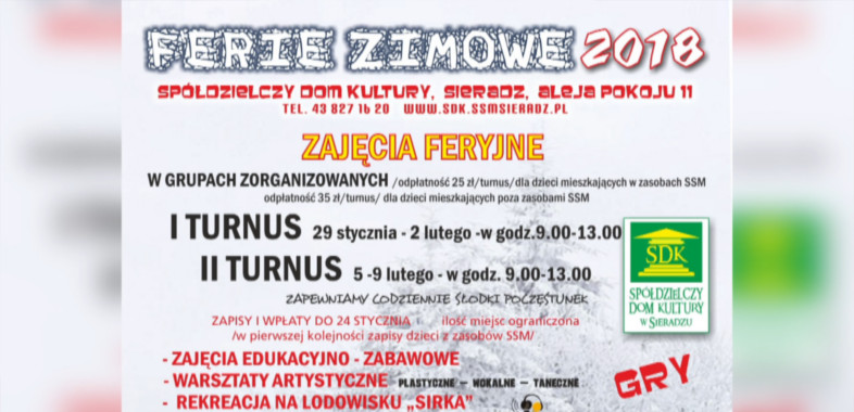 Zajęcia feryjne Spółdzielczego Domu Kultury SSM – ogłoszenie