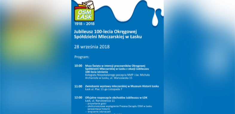 100-lecie Okręgowej Spółdzielni Mleczarskiej w Łasku  – ogłoszenie